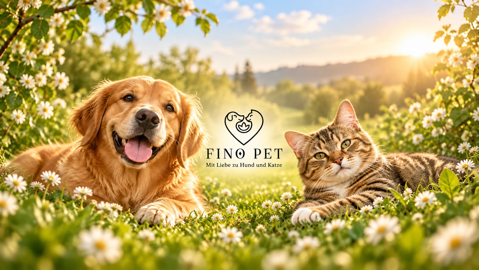 Hund und Katze in einer sonnigen Blumenwiese mit FinoPet-Logo